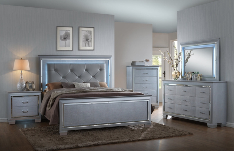 Silver Glam Bedroom Set with Embossed Texture & LED Lighting