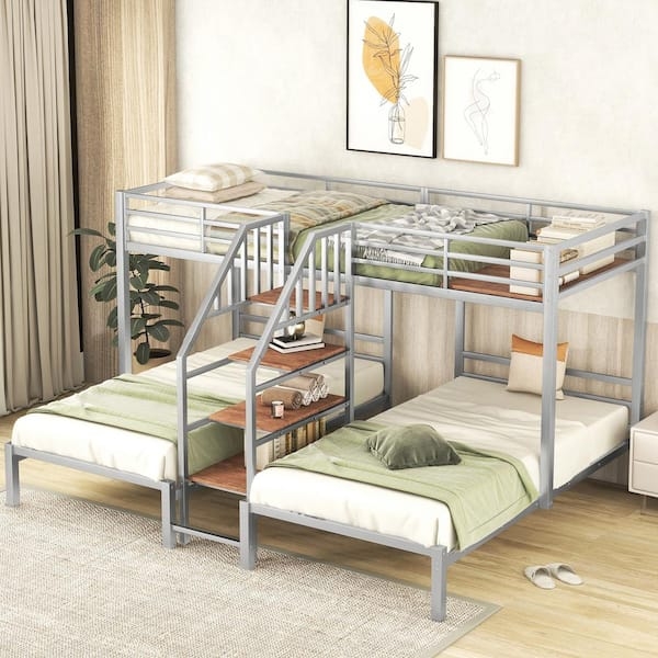 Silver Metal Triple Bunk Bed Storage Staircase Shelving