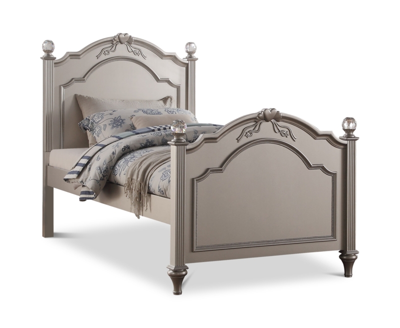 Silver Twin Post Bed: Crystal Finials & Decorative Heart Carvings