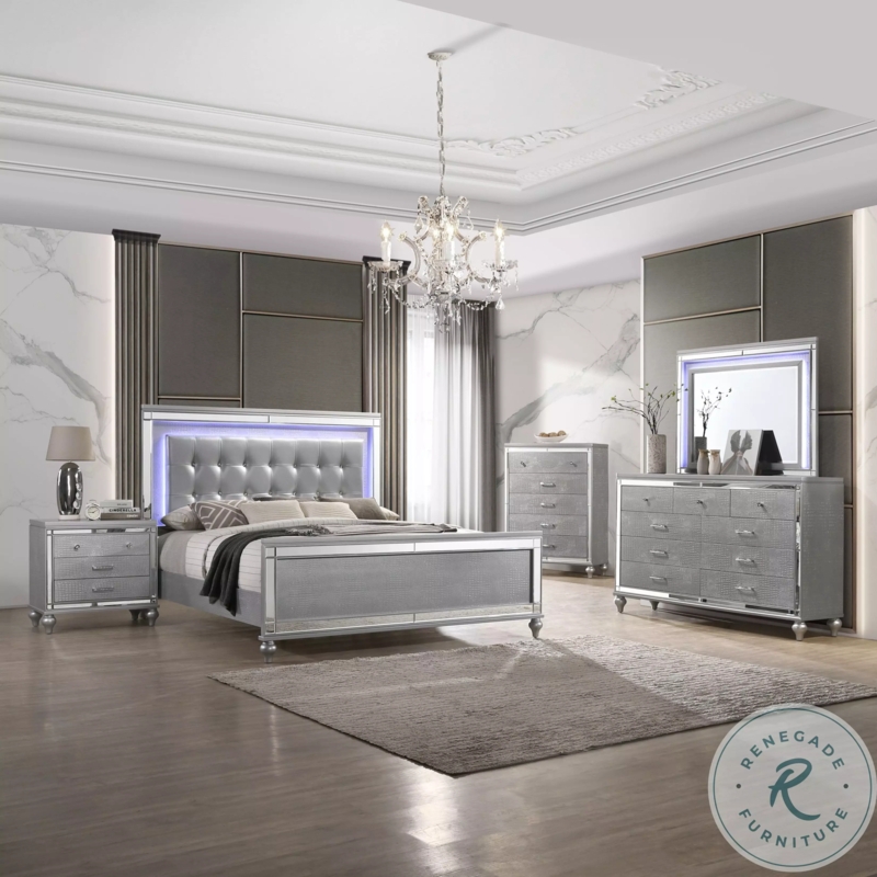 Silver Upholstered Bedroom Set: Reptilian Texture & Backlighting