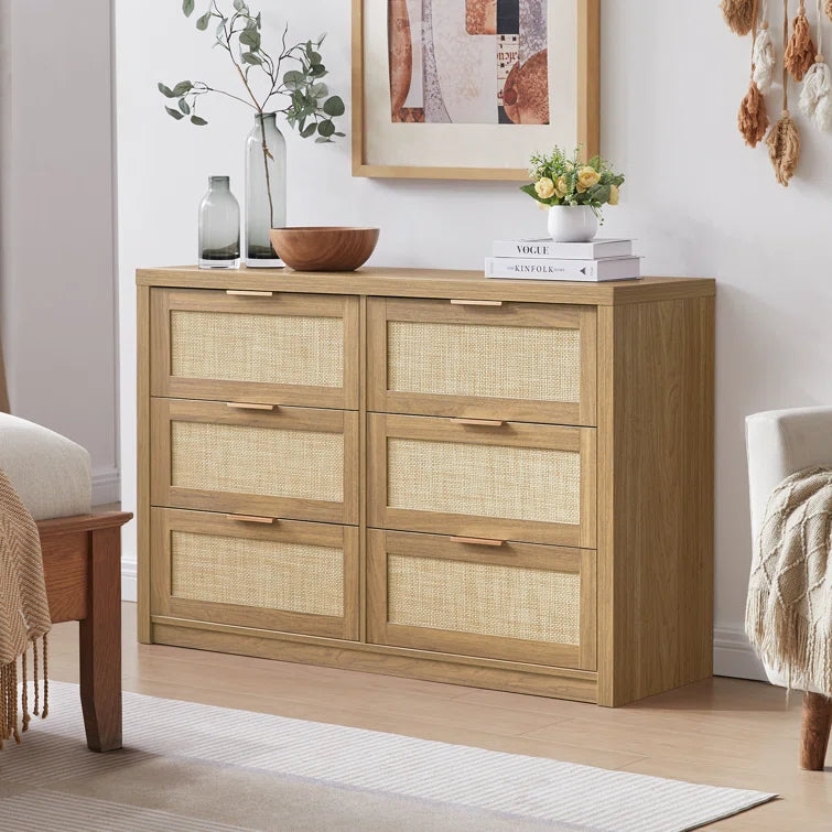 Six-Drawer Dresser with Weathered Oak Finish and Rattan Fronts