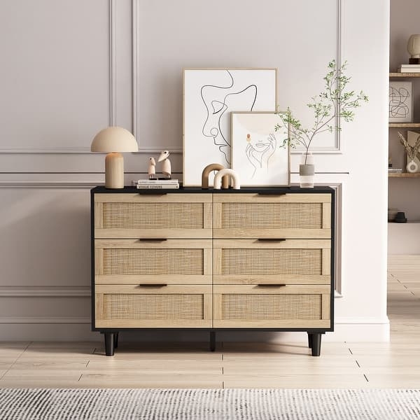 Six-Drawer Storage Dresser with Matte Black Frame and Rattan Inlay