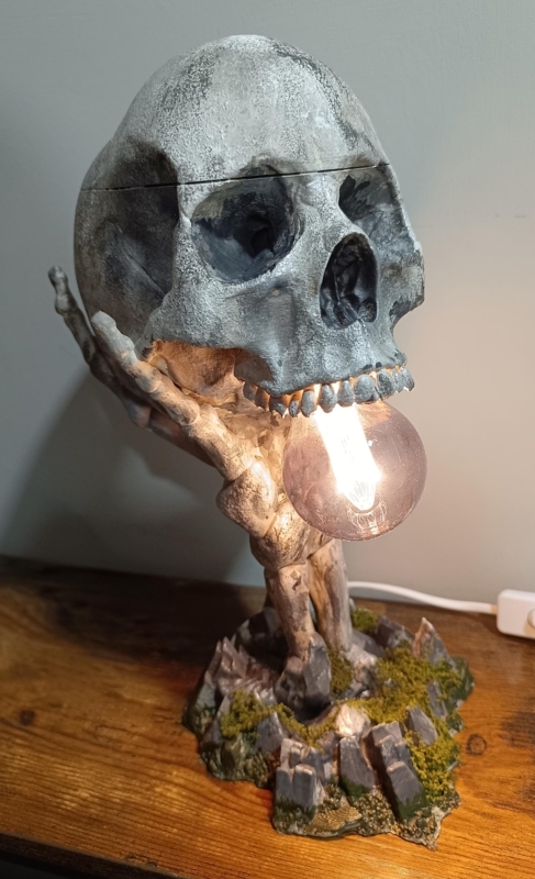 Skeletal Hand Table Lamp with Rocky Moss Base, Macabre Decor