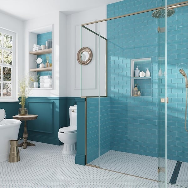 Sky Blue Glass Tile Trim for Coastal Shower Niche Border Design