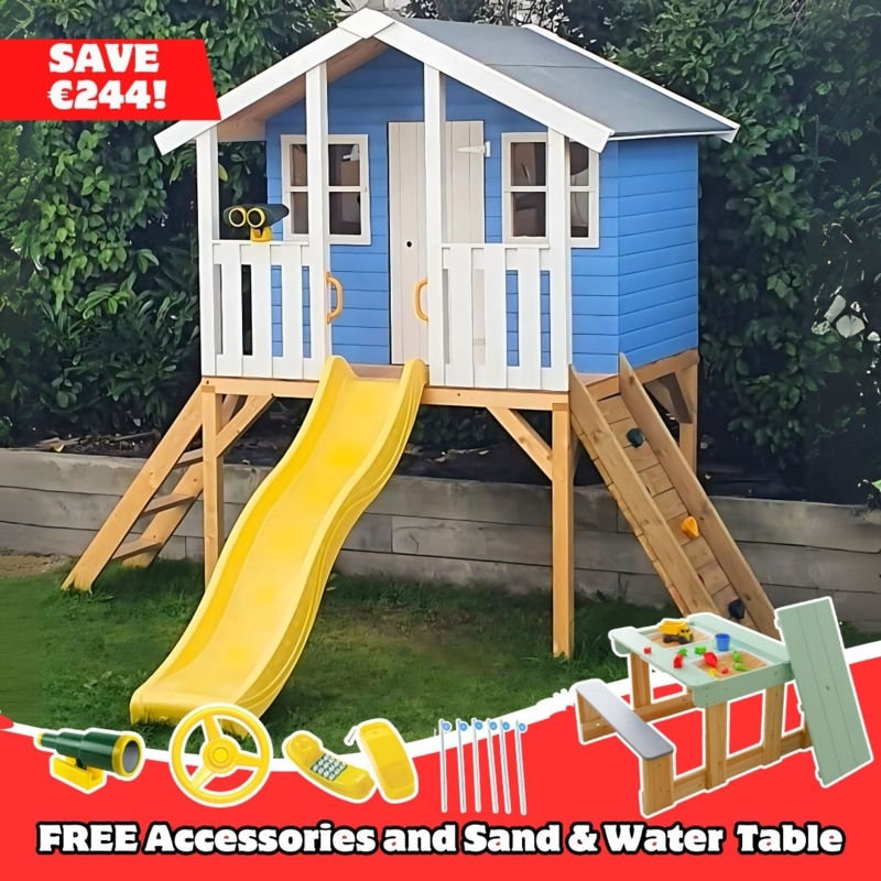 Sky Blue Kids Playhouse Cottage Style, Front Porch & Sand Water Table