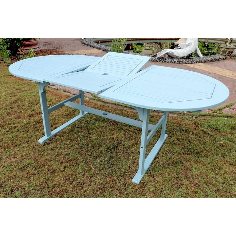 Sky Blue Outdoor Table with Butterfly Extension and Trestle Base Design