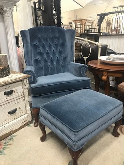 Sky Blue Velvet Diamond Tufted Wingback Chair with Matching Ottoman