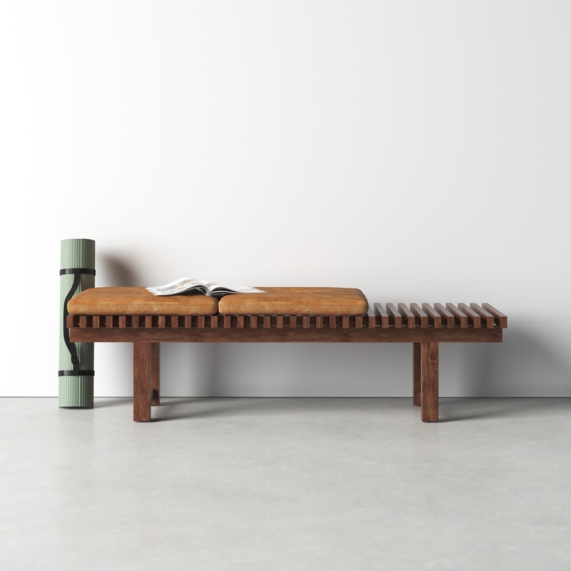 Slat Bench Walnut Brown Slatted Seat Removable Cushions Mid Century