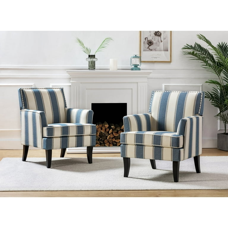 Slate Blue Stripe Accent Chairs Set of 2, Nailhead Trim, Track Arms