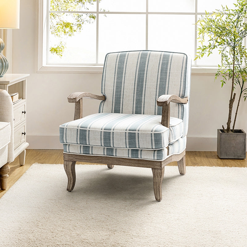 Slate Blue Ticking Stripe Accent Chair, Cabriole Legs, Wood Armrests