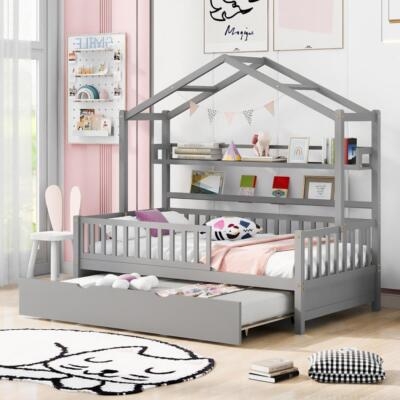 Slate Gray House Bed with Integrated Shelving and a Pull Out Trundle.