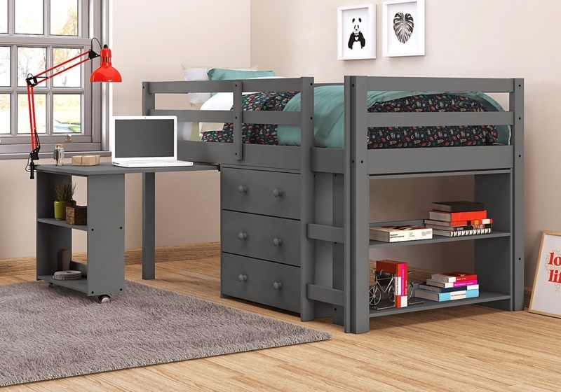 Slate Gray Low Loft Bed with Pull-Out Desk and Storage Chest