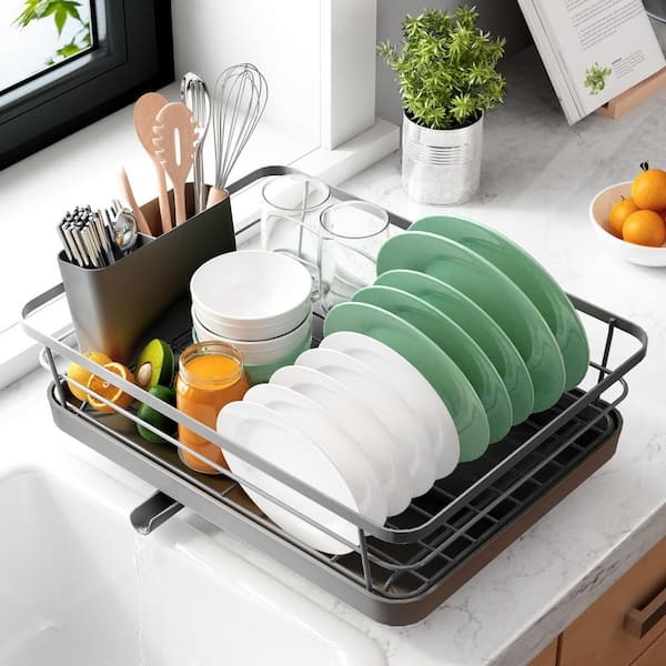Slate Gray Rust Resistant Metal Dish Rack with Cutlery Holder