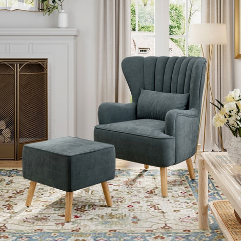 Slate Grey Wingback Accent Chair with Fluted Backrest and Footstool