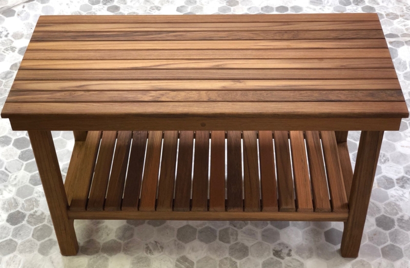 Slatted Bench Two Tier Storage, Transverse Slats Wood Toned Spa Inspired