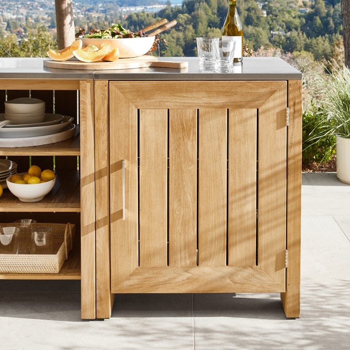 Slatted Outdoor Kitchen Cabinet with Stainless Steel Countertop Storage