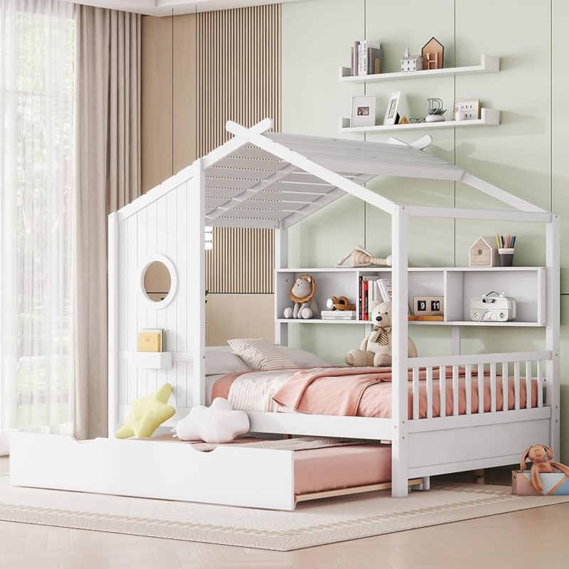 Slatted Roof House Bed featuring a Porthole Window and Pull Out Trundle.
