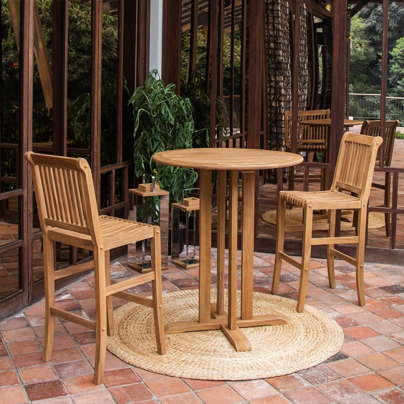 Slatted Teak Outdoor Bar Set with Round Pedestal Table