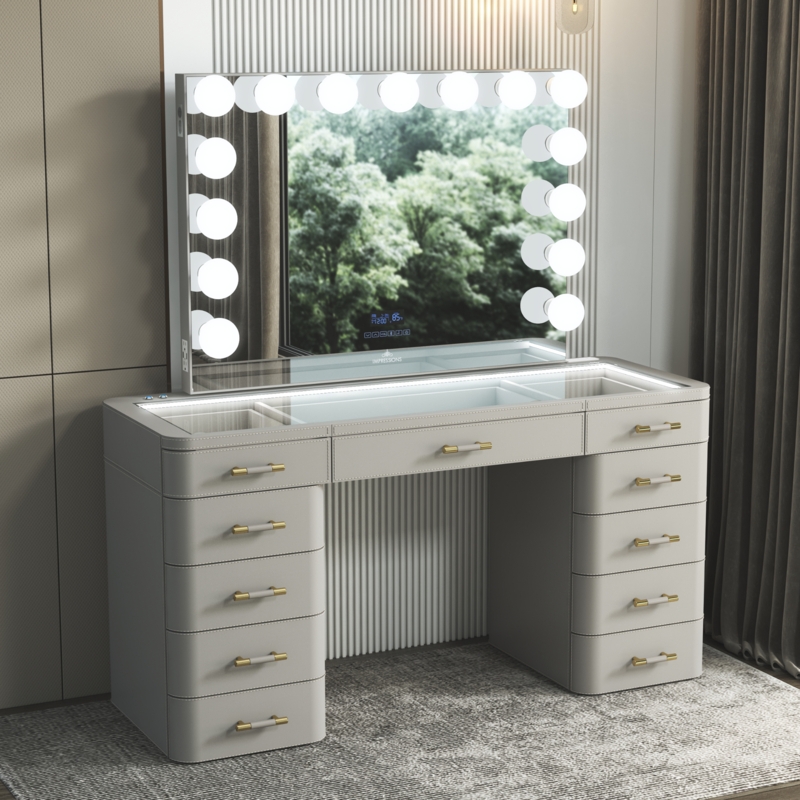 SlayStation Maison Premium Vanity Table w/ RGB Light + Vanity Mirror Bundle, Taupe