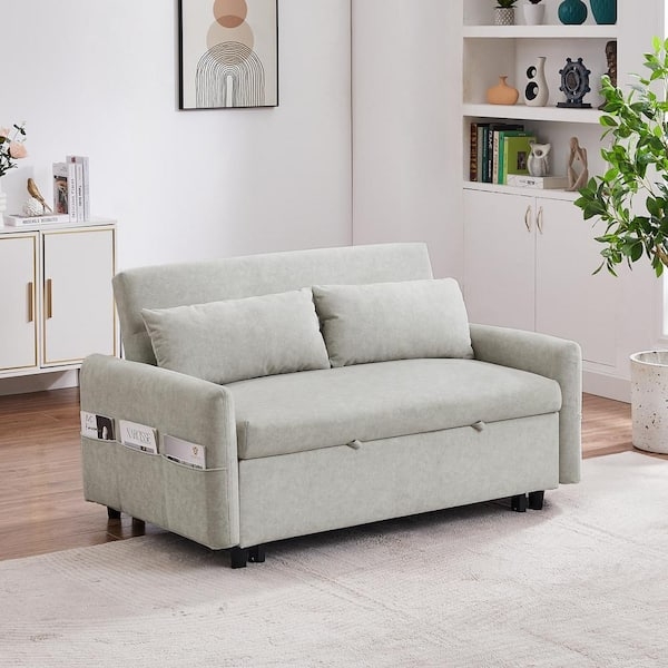 Sleeper Loveseat in Beige Microfiber with Side Storage Pockets