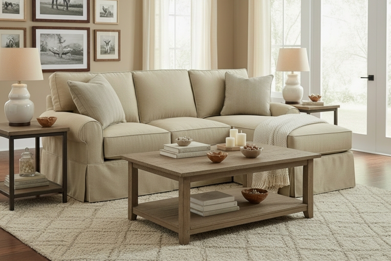 Sleeper Sectional Warm Oatmeal Slipcovered Skirt Queen Bed