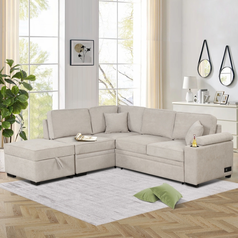 Sleeper Sectional with USB Port, Cup Holder, and Storage Ottoman