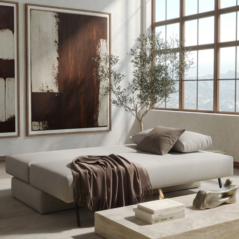 Sleeper Sofa Armless Profile Neutral Greige Japandi Style
