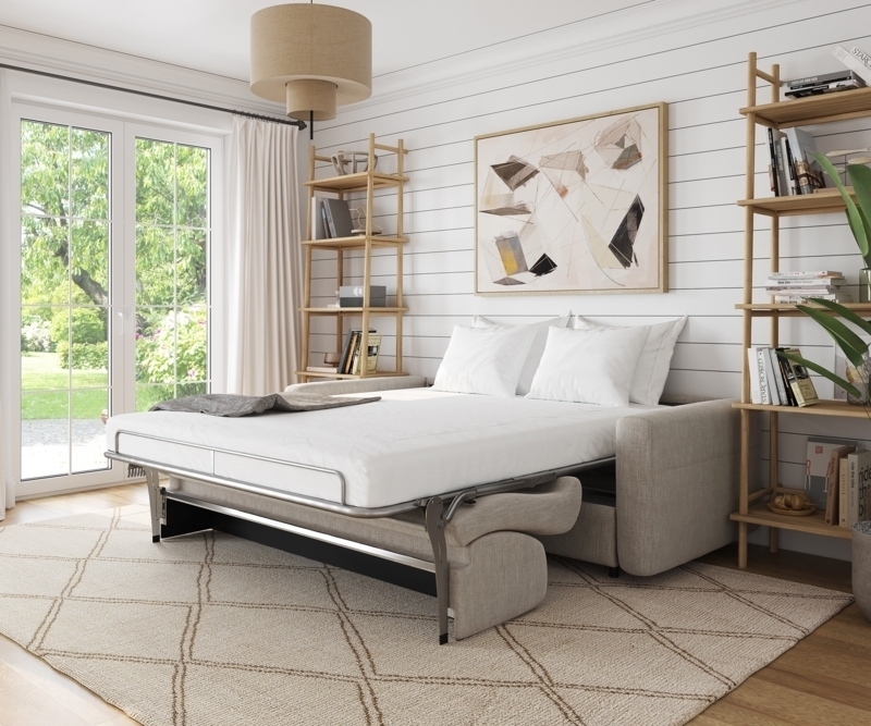 Sleeper Sofa Beige Fabric with Metal Folding Frame and Thick Mattress