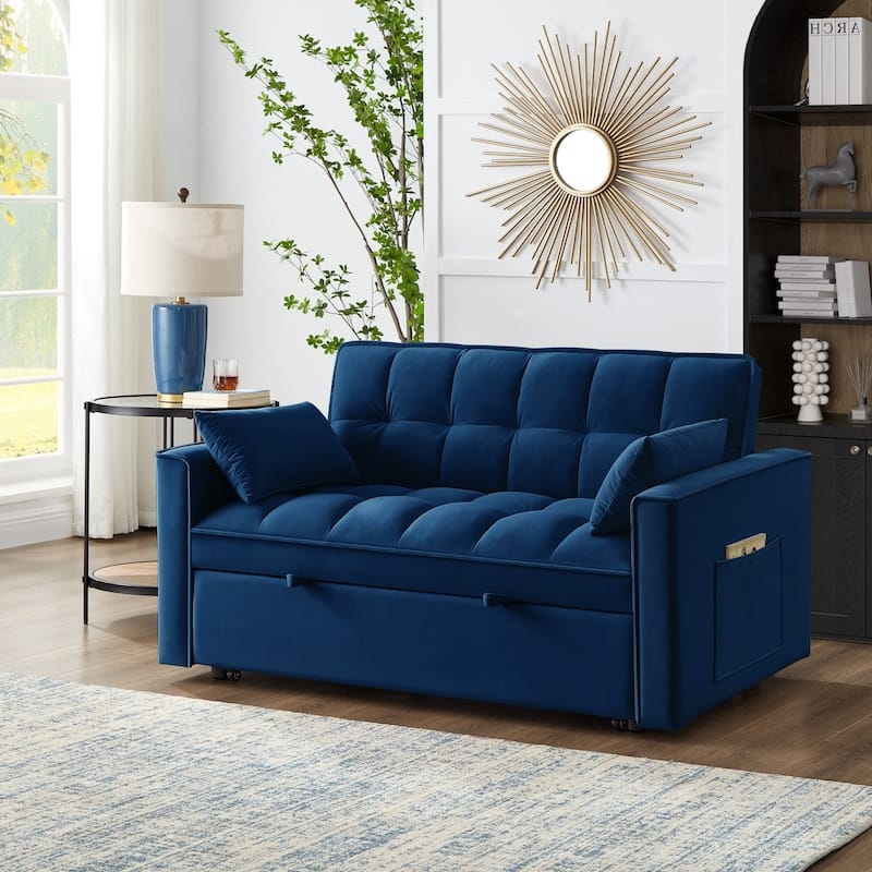 Sleeper Sofa featuring Biscuit Tufting in Navy Blue Velvet
