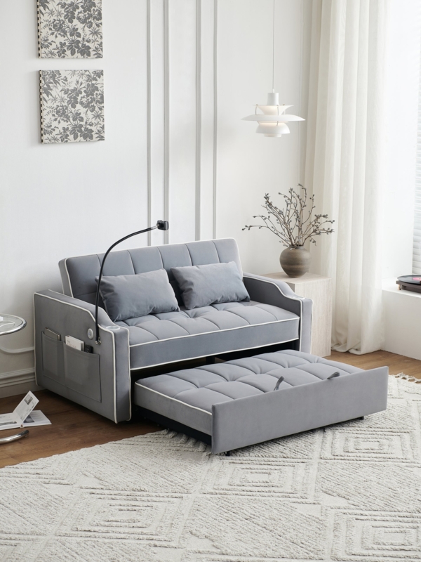 Sleeper Sofa Grey Velvet with Built-in Reading Lamp and Trundle