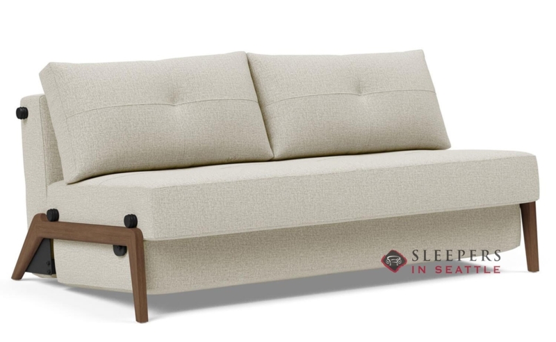 Sleeper Sofa Mid-Century Modern with Visible Hardware and Dark Wood Legs