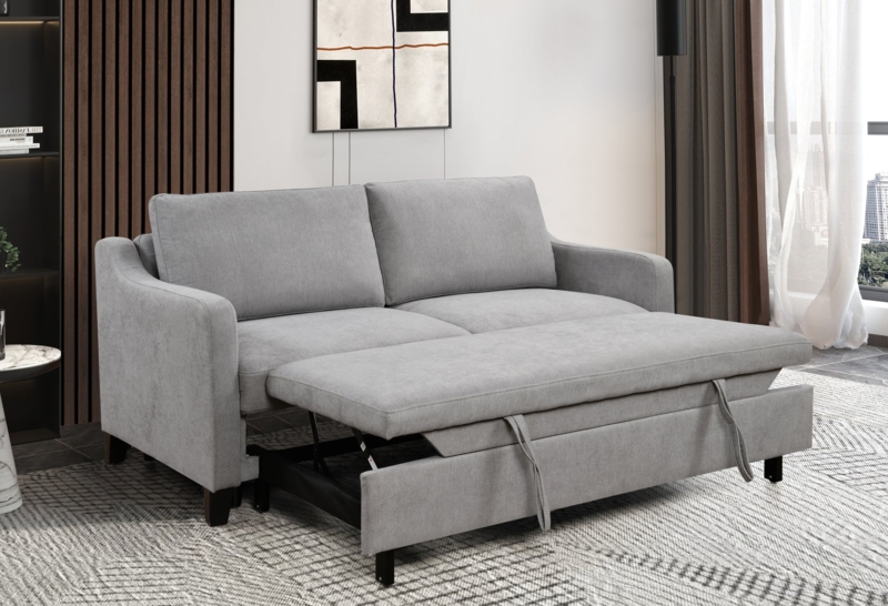 Sleeper Sofa Minimalist Heather Grey with Fabric Pull Straps