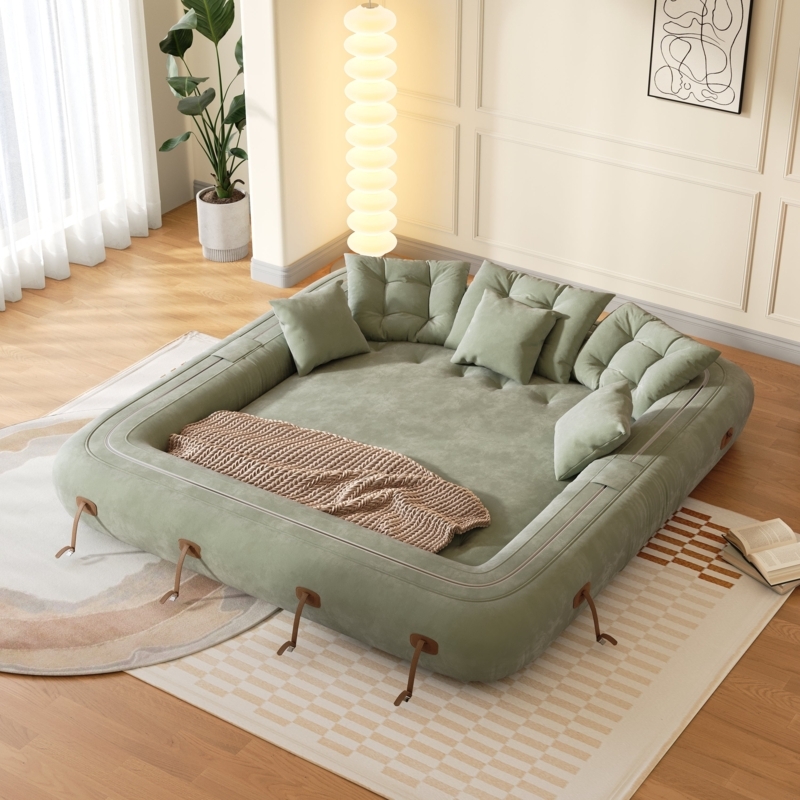 Sleeper Sofa Sage Green Velvet-Like Floor Level Design Bolster Sides