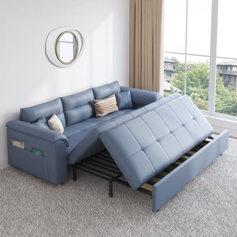 Sleeper Sofa Slate Blue Upholstery with Side Storage Pockets