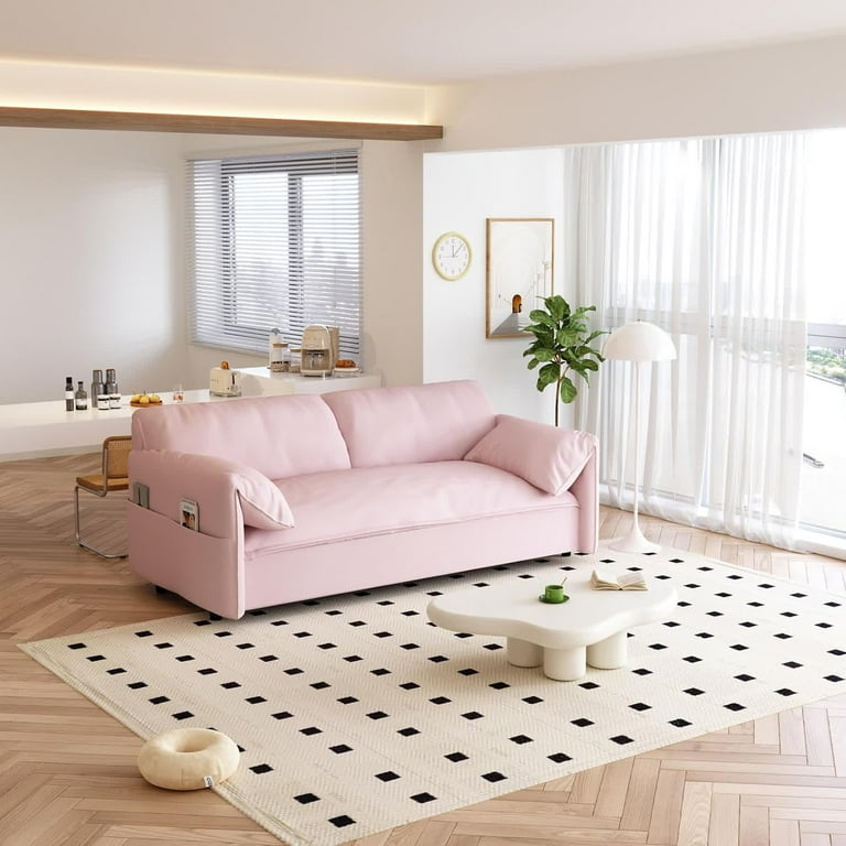 Sleeper Sofa Soft Pink Velvet with Side Storage Pocket and Low Profile