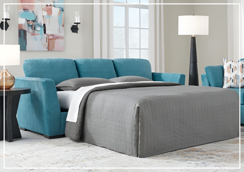 Sleeper Sofa Teal Upholstery with Track Arms and Queen Pull Out Bed