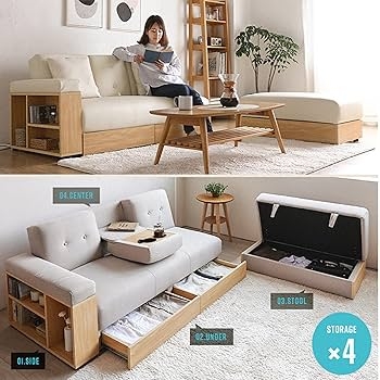 Sleeper Sofa with Fold Down Tray and Side Bookshelf