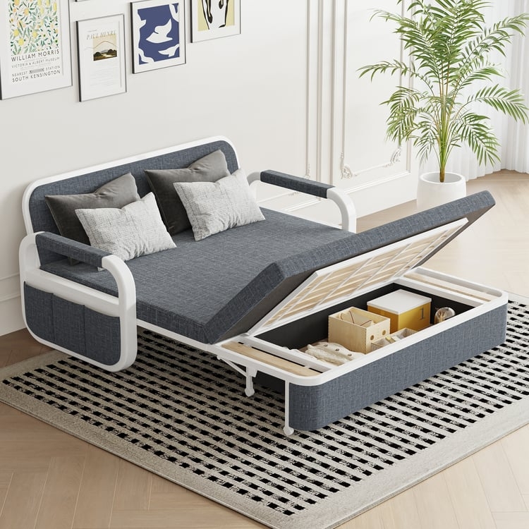 Sleeper Sofa with Integrated Storage Drawer and White Tubular Frame