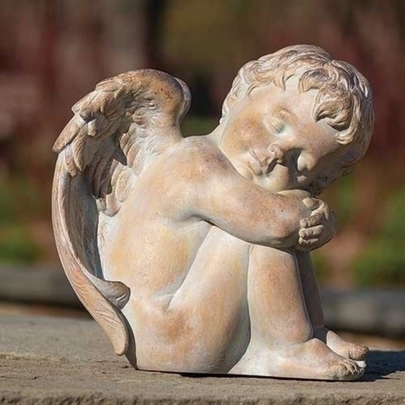 Sleeping Cherub Garden Statue with Curly Hair and Wings