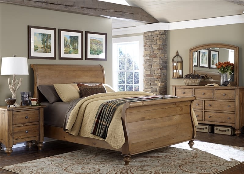 Sleigh Bed Set Vintage Light Pine Bun Feet Rustic Farmhouse Distressed