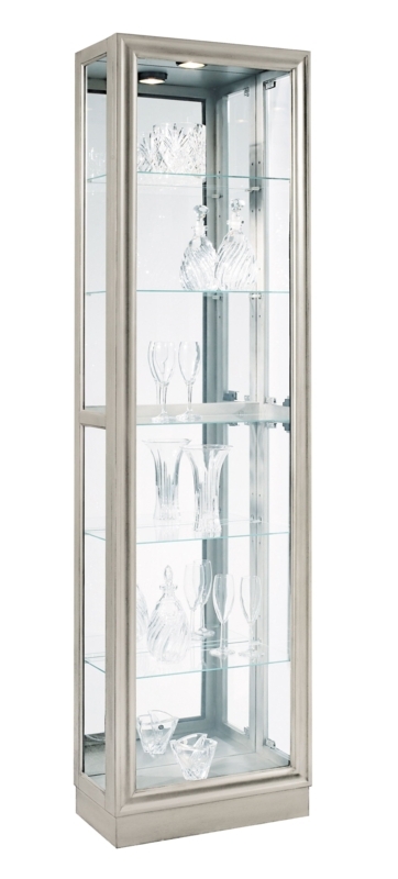 Slender Curio Cabinet Side Entry Platinum Silver Finish Mirrored Back