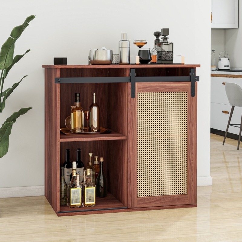 Sliding Barn Door Bar Cabinet with Rattan Insert and Farmhouse Style