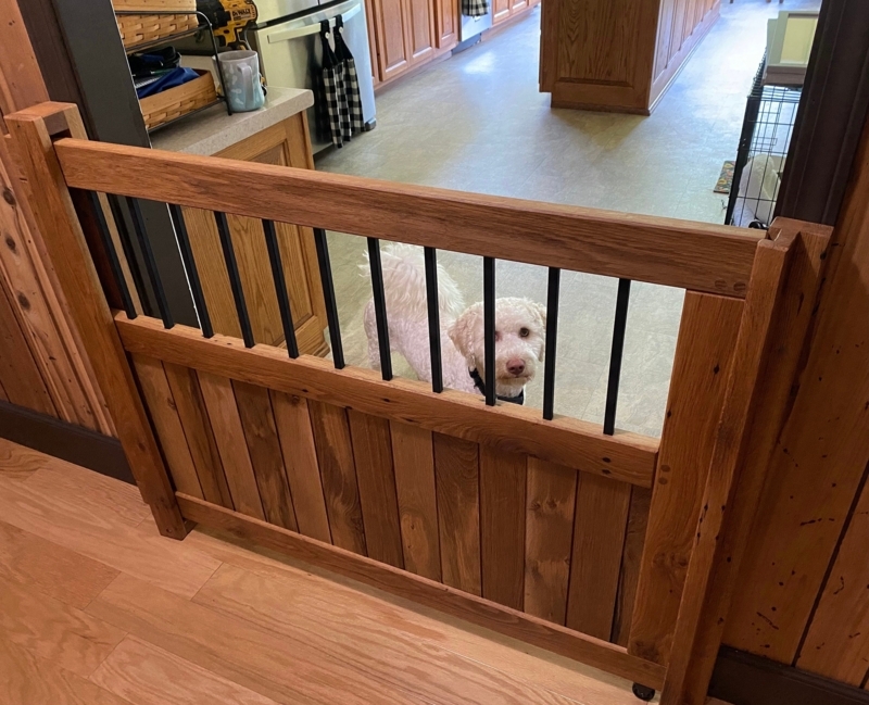 Sliding Gate, Craftsman Style with Metal Spindles and Plank Bottom Panel
