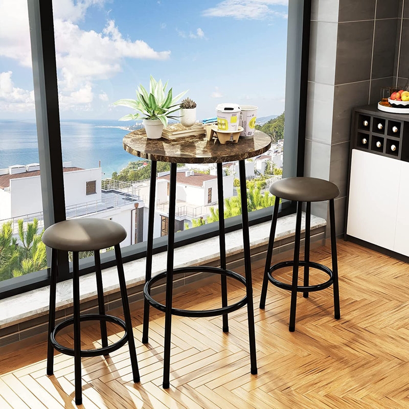 Slim Bar Dining Set Marble Pattern Top Matte Black Finish
