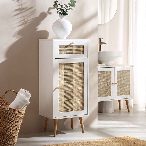 Slim Bathroom Cabinet with White Frame and Cane Door Panel