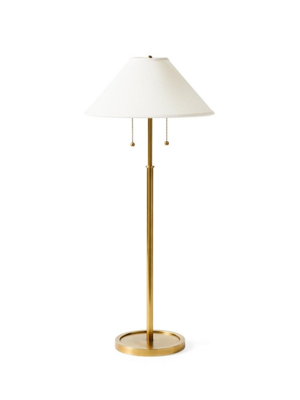 Slim Brass Buffet Lamp with Dual Pull Chains & White Shade (62 chars)