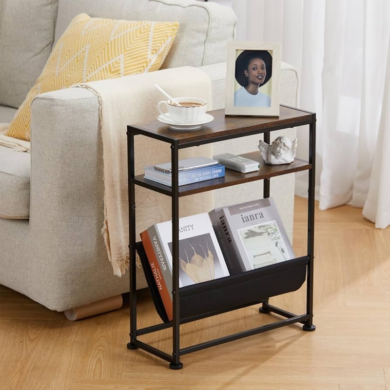 Slim End Table with Wood Shelves, Metal Frame & Fabric Magazine Sling