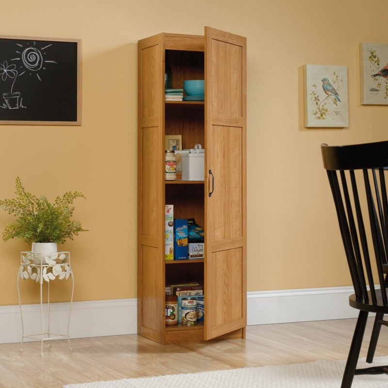 Slim Honey Oak Pantry Cabinet with Shaker Panels