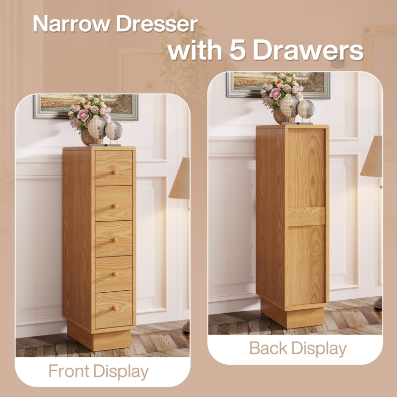 Slim Oak Dresser Paneled Back Five Drawers Transitional Style
