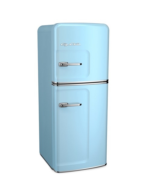 Slim Retro Refrigerator in Glossy Turquoise with Recessed Door Panels